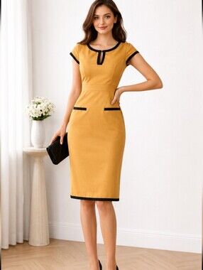 Donna Ricco New York | Elegant Beige Brown Dress Black Accents